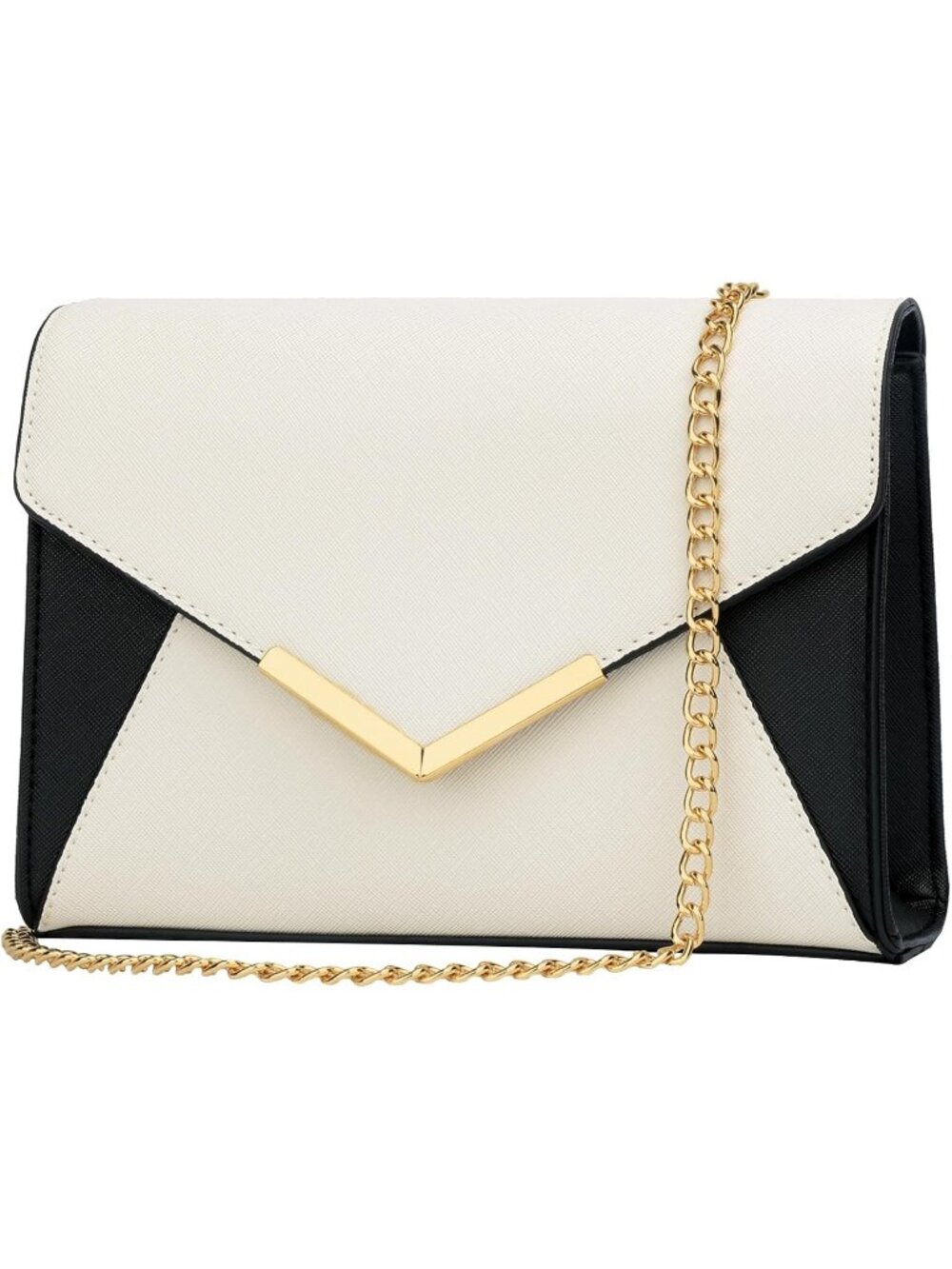 Women Black Gold Faux Leather Envelope Clutch Purse Crossbody Chain Evening Bag